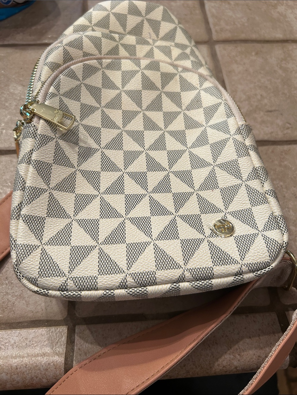 Geometric Cream Crossbody Bag with Pink Strap